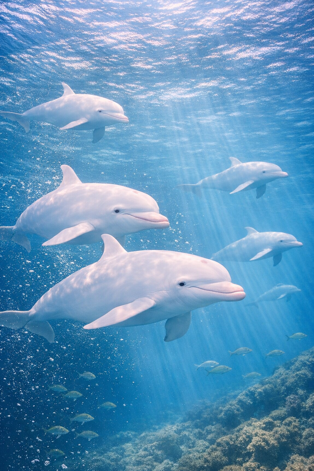 A pod of rare white dolphins swims together through clear blue ocean water.