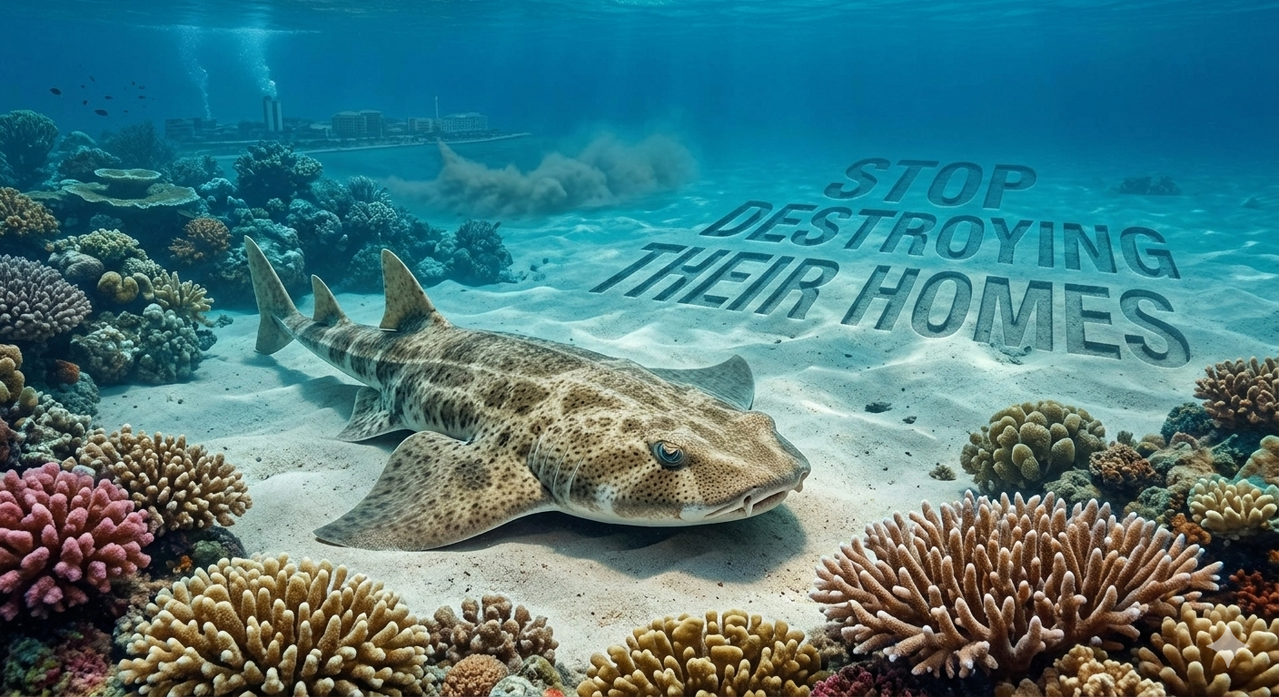 Webpage draft about the Angel Shark Project with text on protecting sand-dwelling sharks, followed by an underwater photo of an angel shark resting on the seafloor among coral, with the message "Stop destroying their homes" written in the sand.