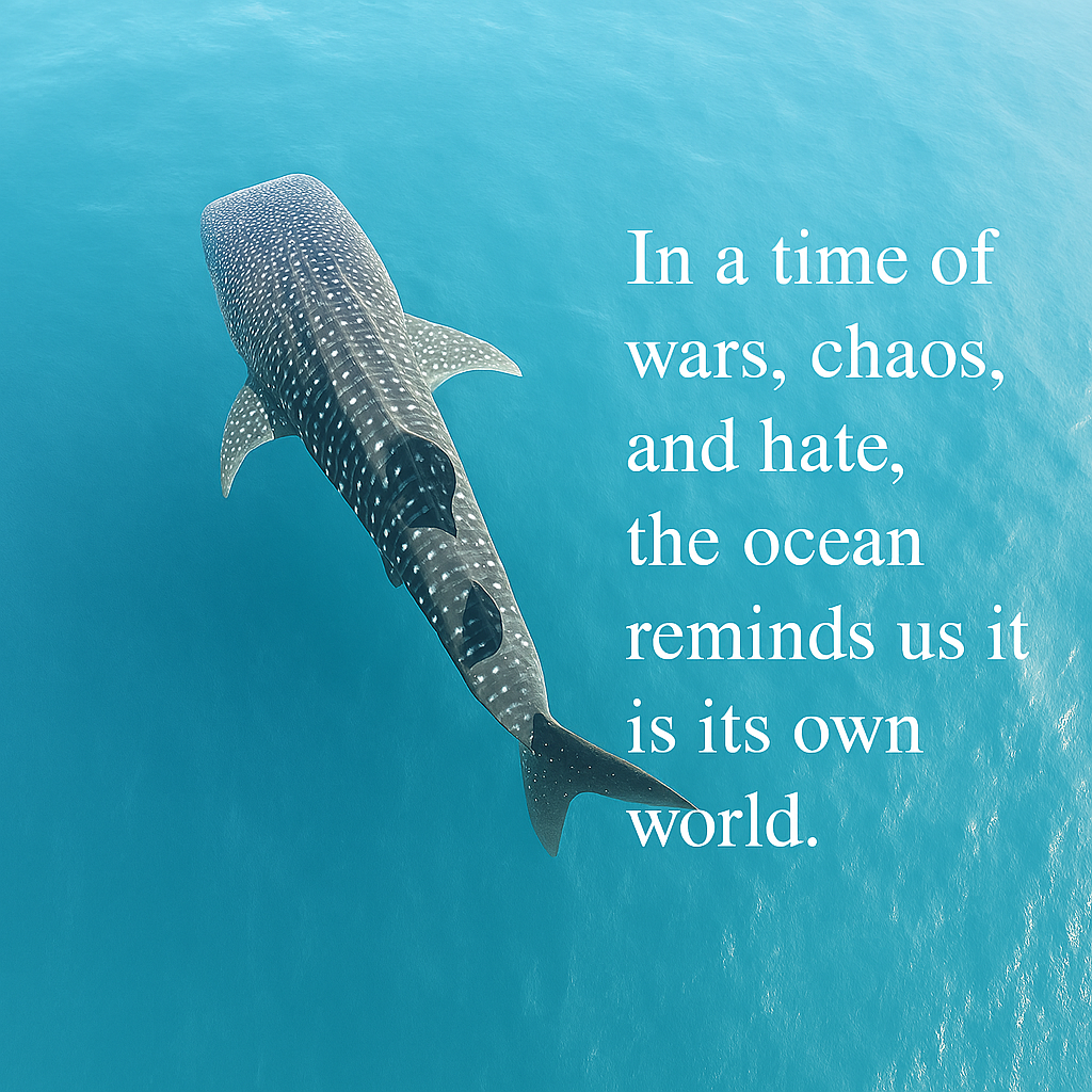 A whale shark swims through clear blue ocean water, viewed from above, its spotted back illuminated by shifting light. To the right, white text reads: “In a time of wars, chaos, and hate, the ocean reminds us it is its own world,”