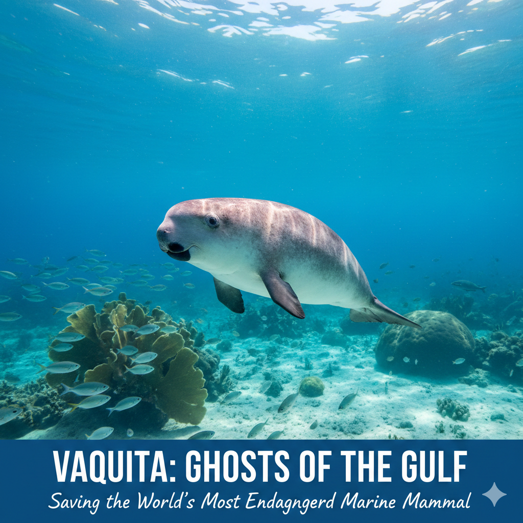 A digital illustration of a vaquita porpoise swimming underwater in a sunlit ocean. Below the image is a banner with the text: 'VAQUITA GHOSTS OF THE GULF'- Saving the world's most endangered marine mammal.