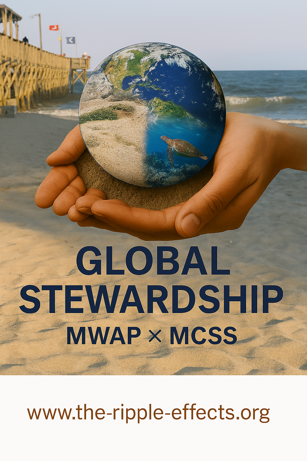 Hands gently holding a globe on a sandy beach