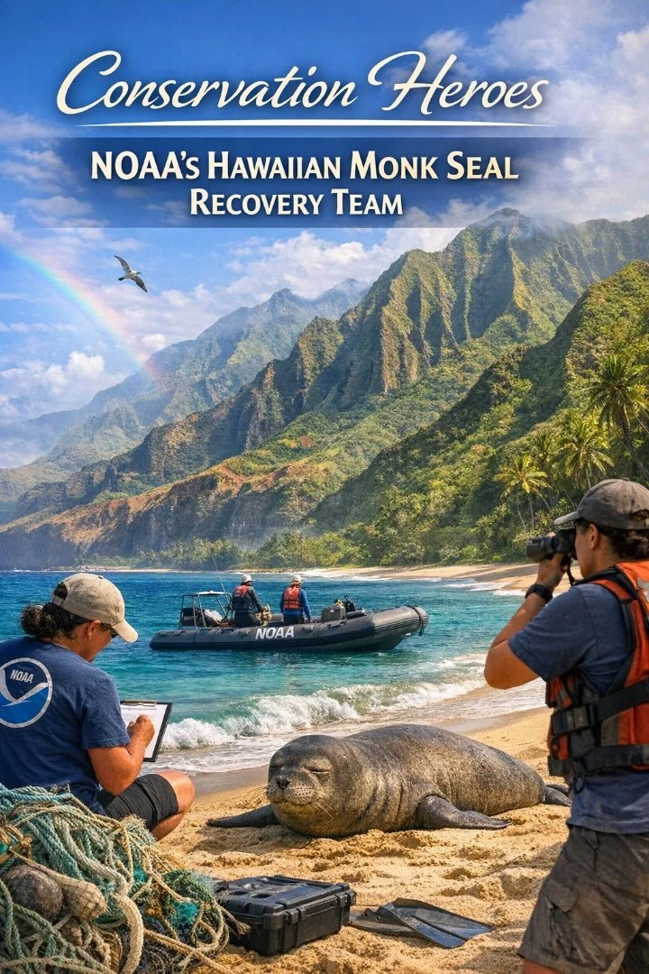 “A Hawaiian monk seal resting on a beach in Hawaii, an endangered species protected by NOAA’s recovery team.”