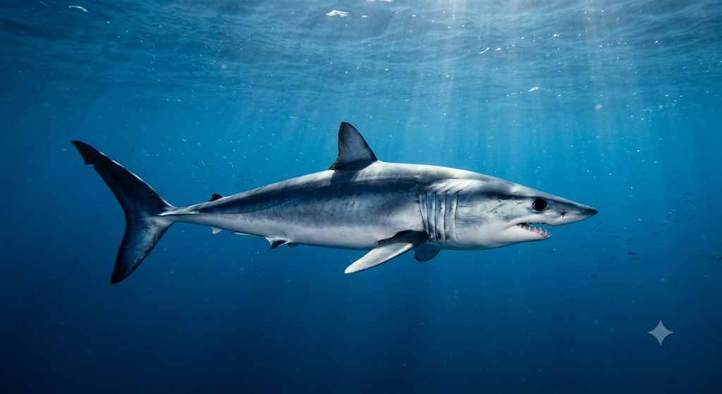 Side-profile view of a streamlined shortfin mako shark with metallic blue skin and a white underside, gliding through deep blue ocean waters illuminated by light rays from above.