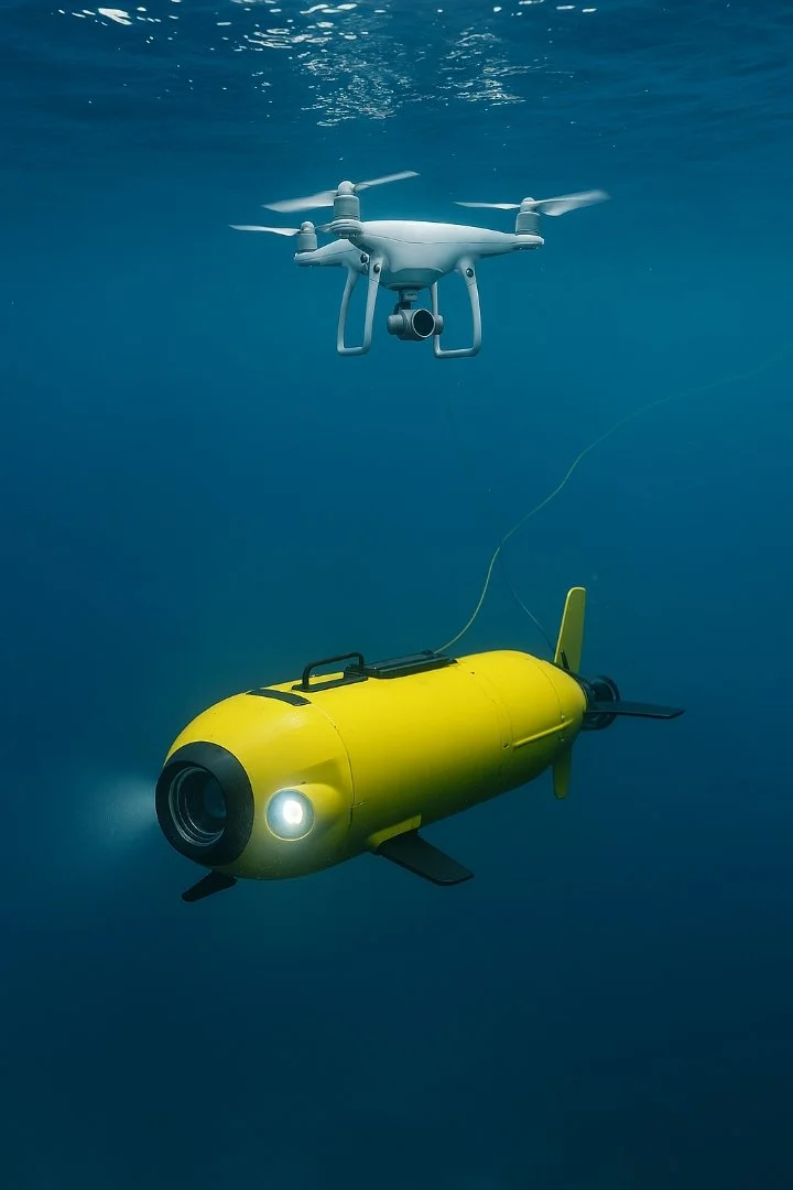 Underwater drone exploring ocean depths, symbolizing tech-powered marine conservation.