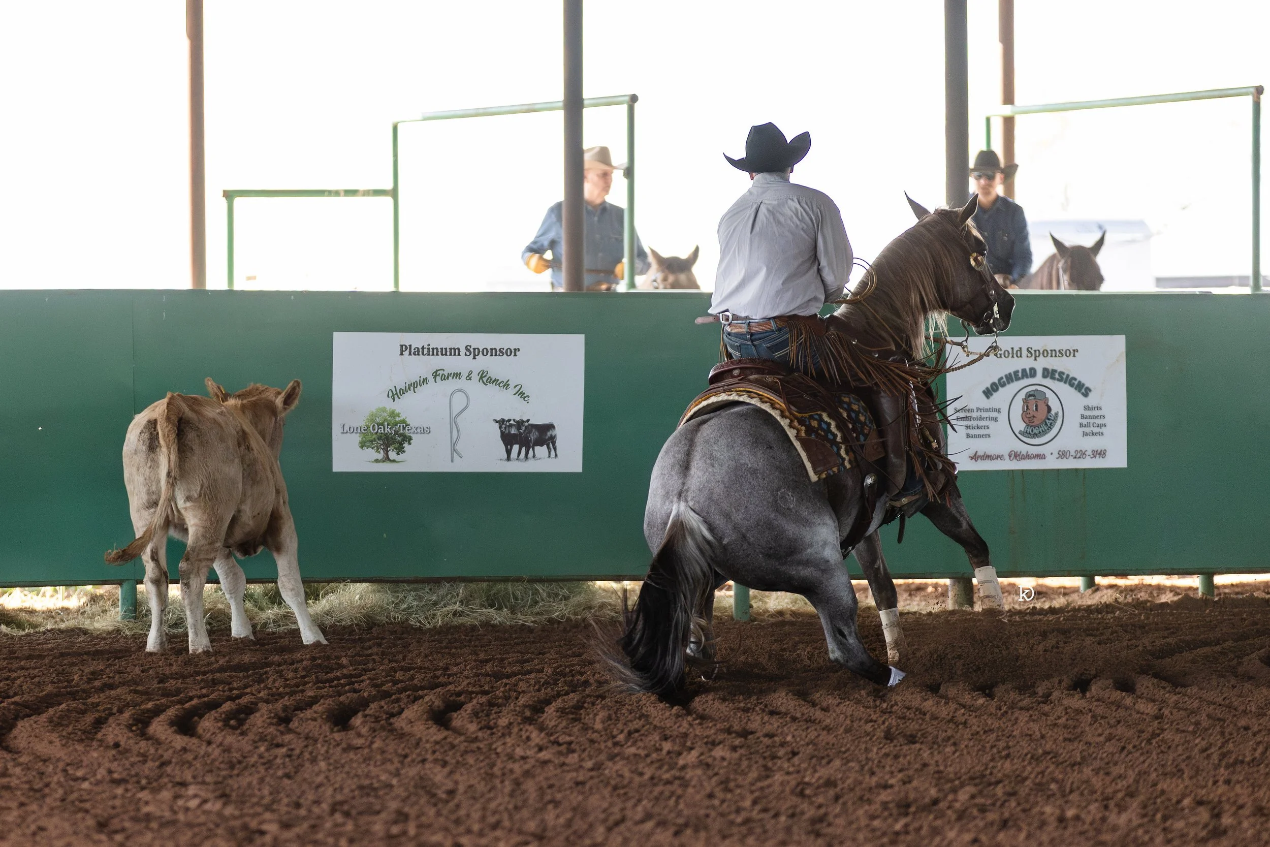 A rider on a red roan mare in an indoor arena, boxing a cow at the end of the arena, and two other riders visible in the background.