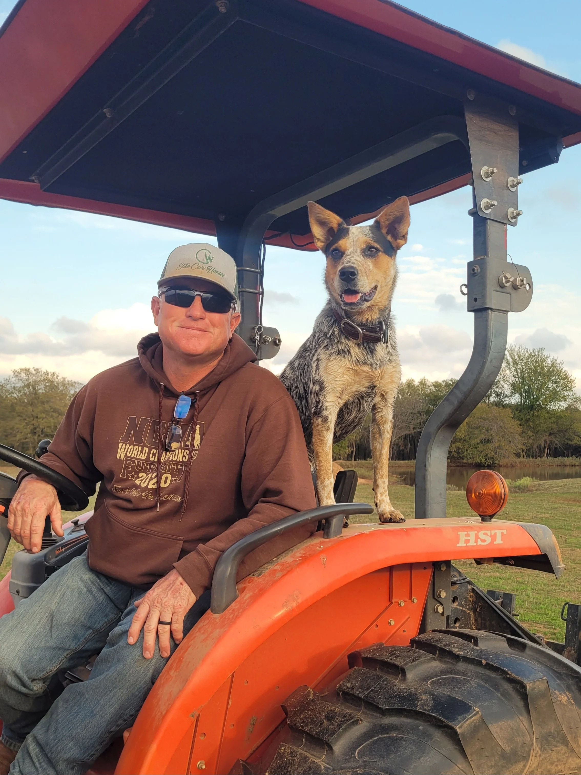 A man in a brown hoodie and sunglasses sits on an orange tractor, with a dog standing on the tractor's fender. The man is smiling and wearing a cap, while the dog looks alert and happy. The background shows a grassy field and trees under a partly cloudy sky.