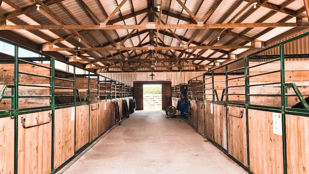 View inside a horse stable with wooden stalls and a concrete aisle.