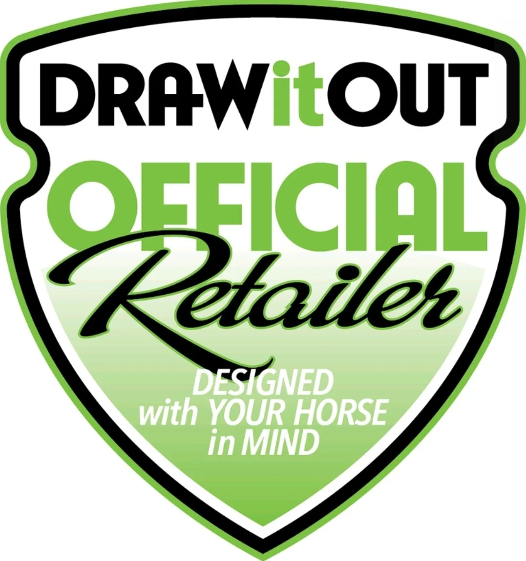 Logo for Draw It Out Official Retailer with green, black, and white colors, featuring the text "Draw It Out Official Retailer" and the slogan "Designed with Your Horse in Mind".