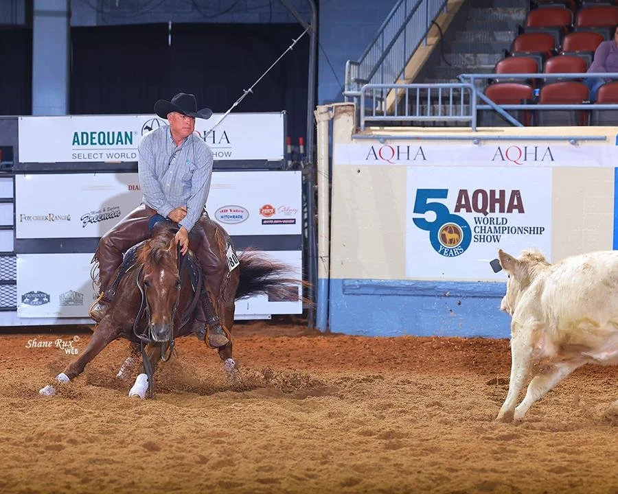 A cowboy riding a cutting horse at the AQHA World Show, with advertisements and seating in the background.