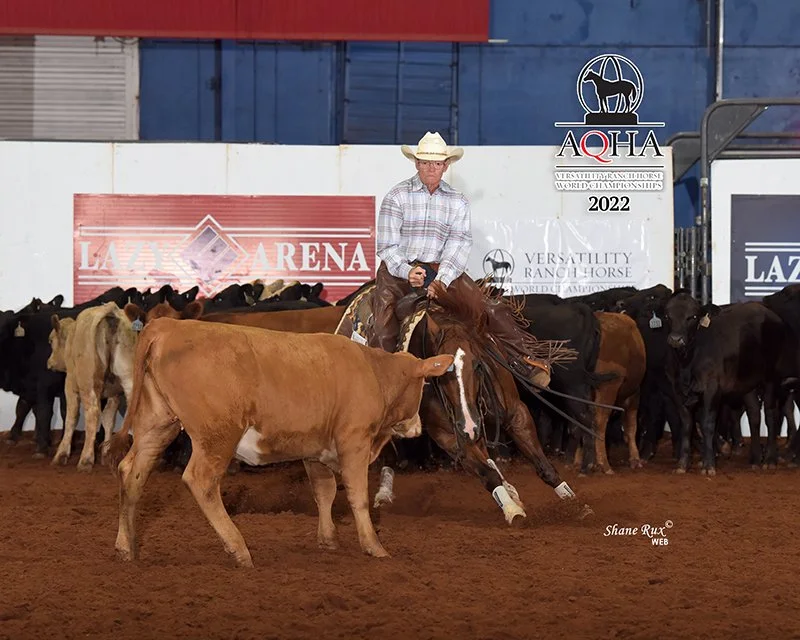 A cowboy riding a cutting horse during the AQHA Versatility Ranch Horse World Championship in 2022, with a group of cattle and a sign in the background.