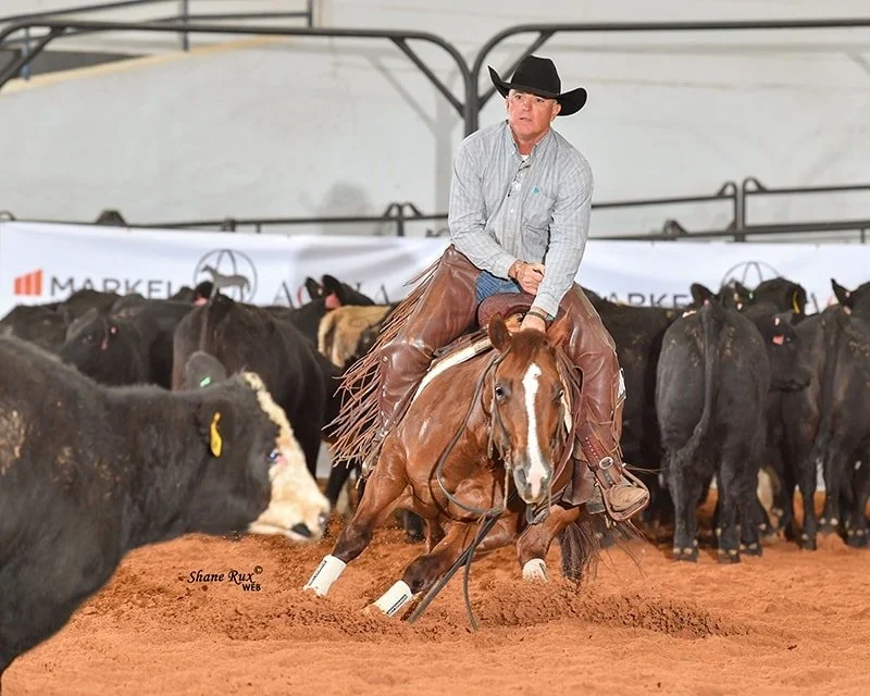 Man wearing cowboy hat and Western attire riding a horse in an arena with cattle.