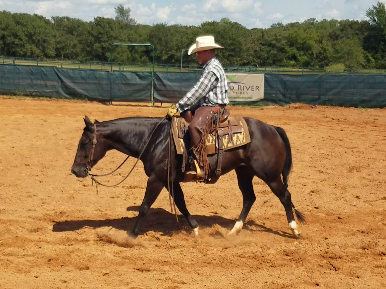 A man riding a dark brown horse in an outdoor riding arena with a dirt surface, wearing Western attire including a cowboy hat, plaid shirt, and jeans.
