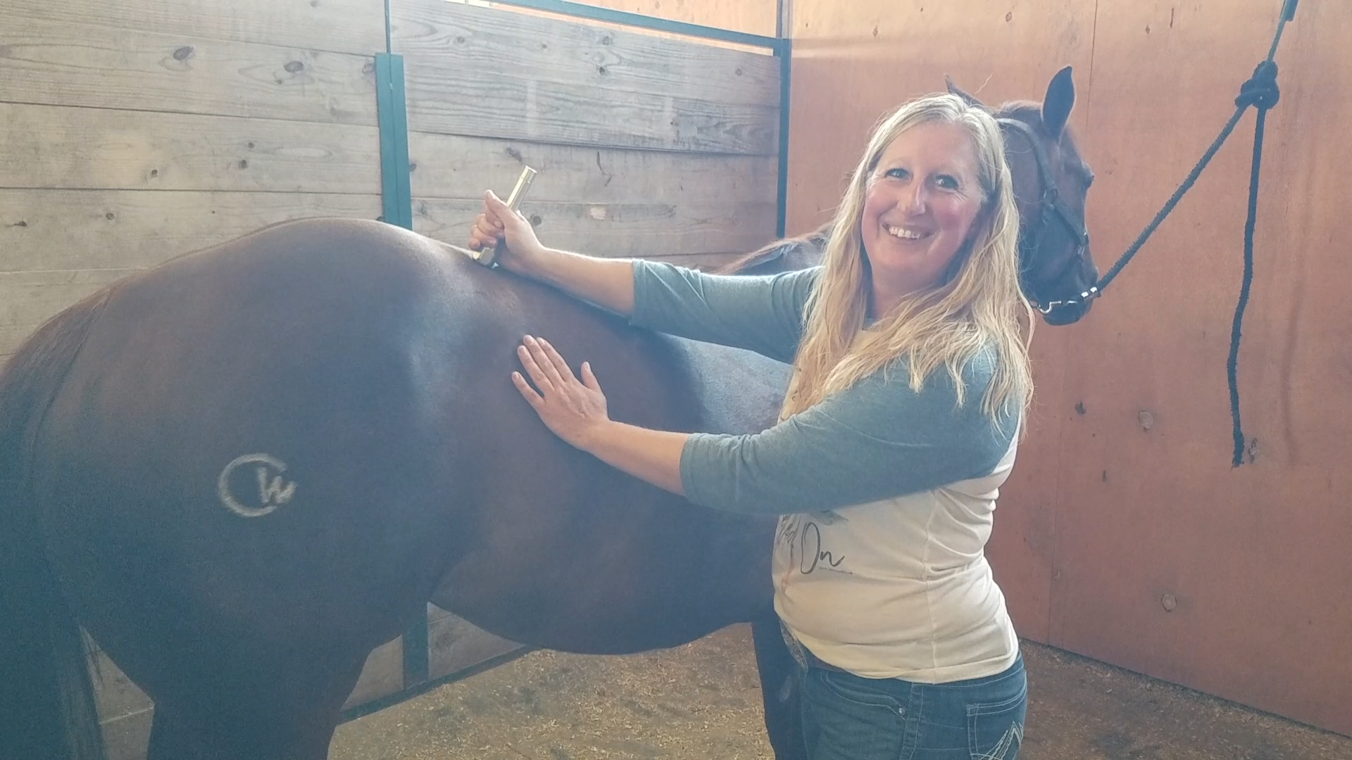 A woman with long blonde hair smiling while standing next to a chestnut horse inside a wooden stable, holding a photonic torch.