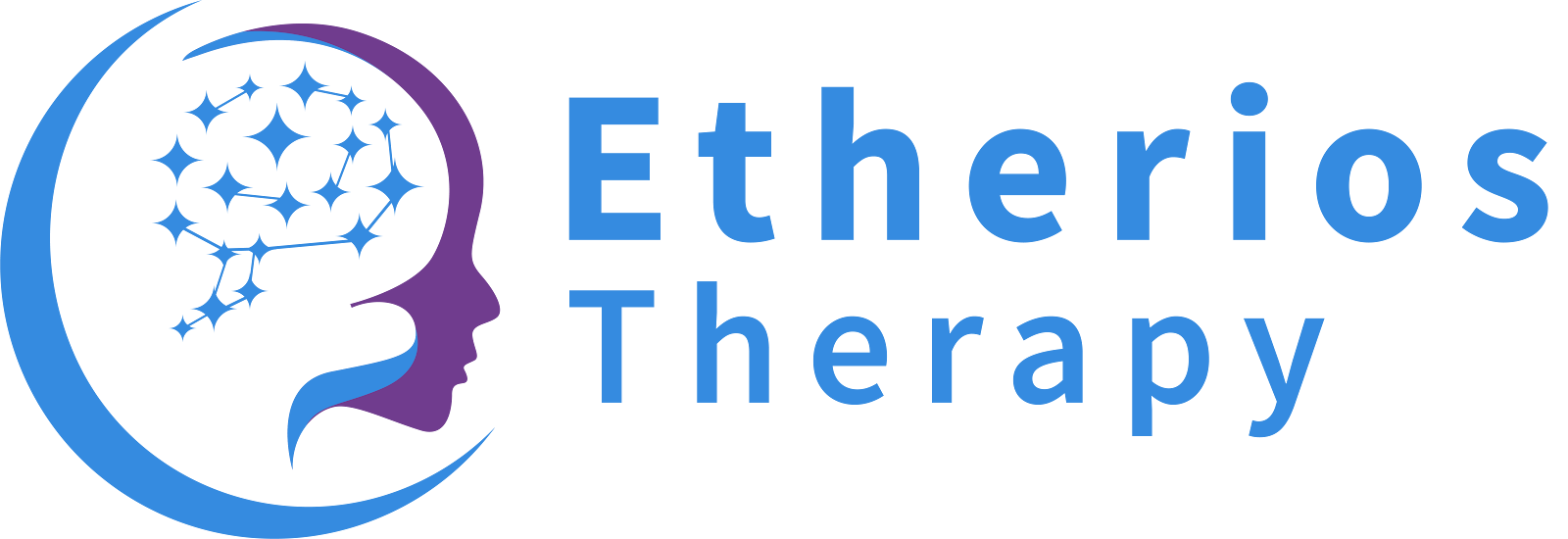 Logo for Etherios Therapy, featuring a stylized human profile with a brain composed of connected stars, and a crescent moon shape around the face.
