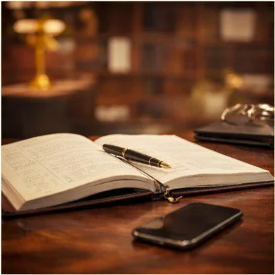Open book with a pen on top, a smartphone nearby, and blurred background with a desk lamp.