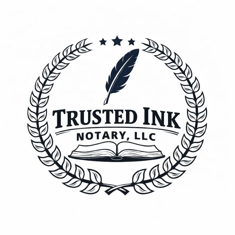 Logo for Trusted Ink Notary, LLC, featuring a laurel wreath, a quill, an open book, and three stars.
