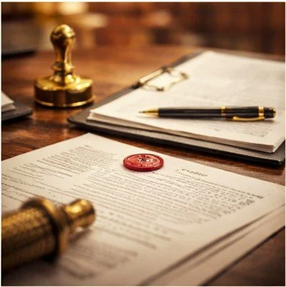 Legal documents and papers on a wooden desk with a gold seal, dip pen, and stamp.