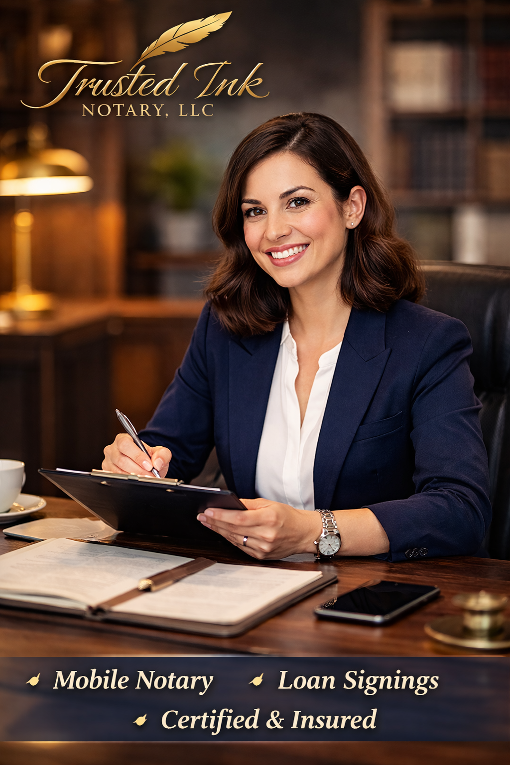 A woman sitting at a wooden desk, smiling, wearing a navy blazer and a white shirt, with a notepad, pen, smartphone, and coffee cup on the desk. The background has bookshelves and warm lighting. The image promotes Trusted Ink Notary, LLC, offering mobile notary services, loan signings, and certified & insured notaries.