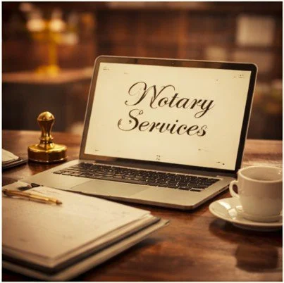 Laptop displaying 'Notary Services,' a cup of coffee, a pen, and a notepad on a wooden desk.