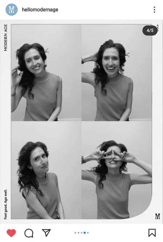 A four-panel collage of a woman taking black-and-white photos of herself in front of a plain background. She has curly hair and is wearing a sleeveless top. The top left panel shows her smiling and touching her hair. The top right panel shows her smi