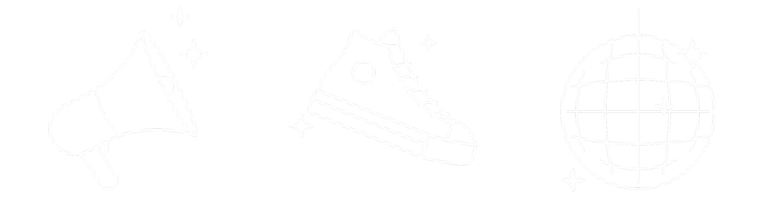 Line art of a megaphone, a sneaker, and a disco ball with sparkles on a black background.