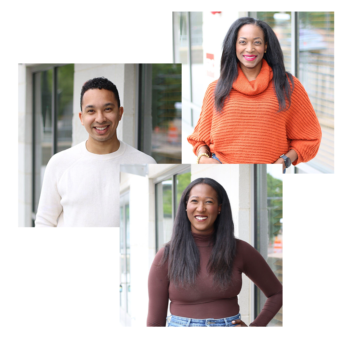 Three smiling individuals, two women and one man, standing outdoors near glass windows in casual clothing.