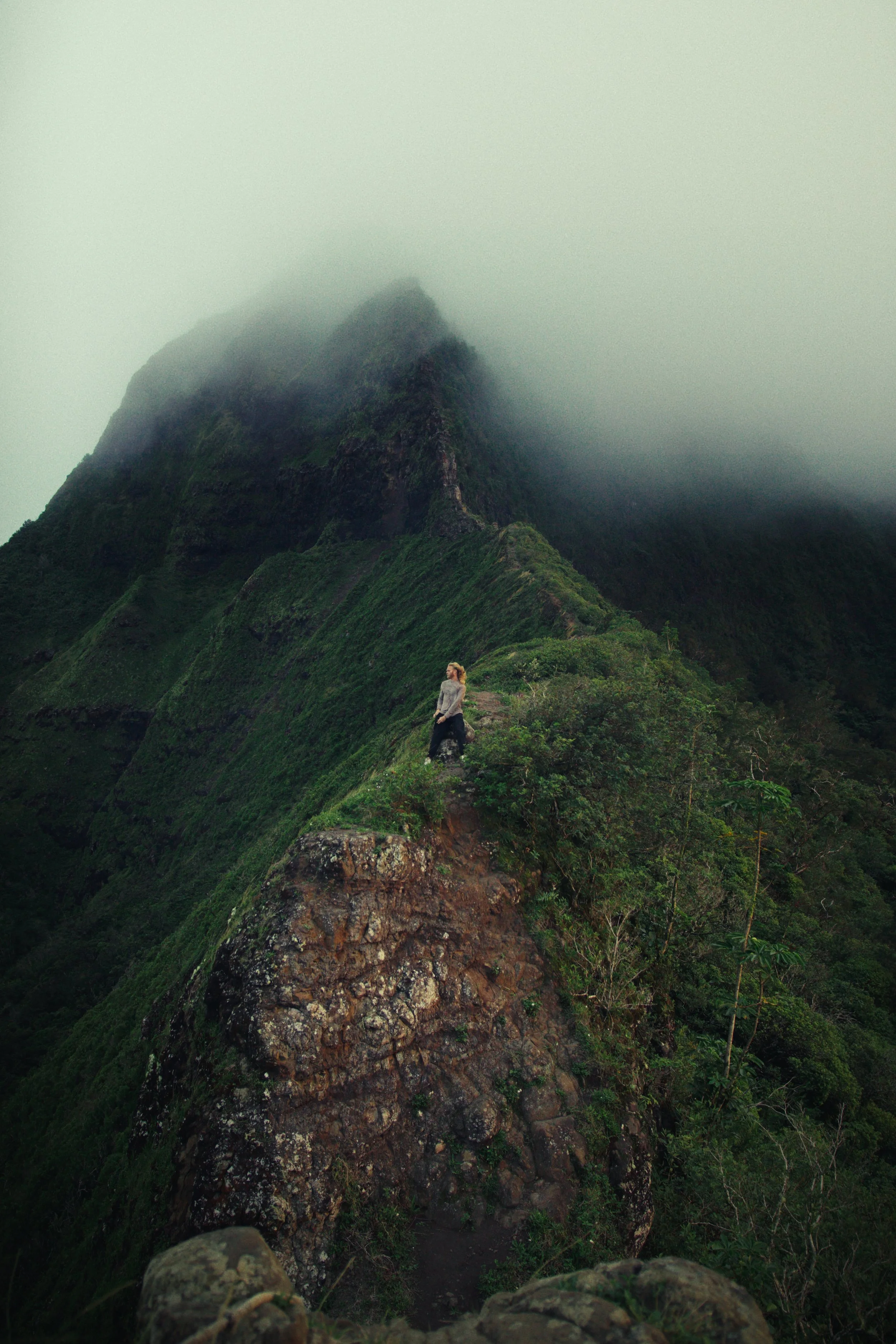 A person standing on a narrow mountain ridge surrounded by lush green vegetation, with a fog-covered mountain peak in the background.