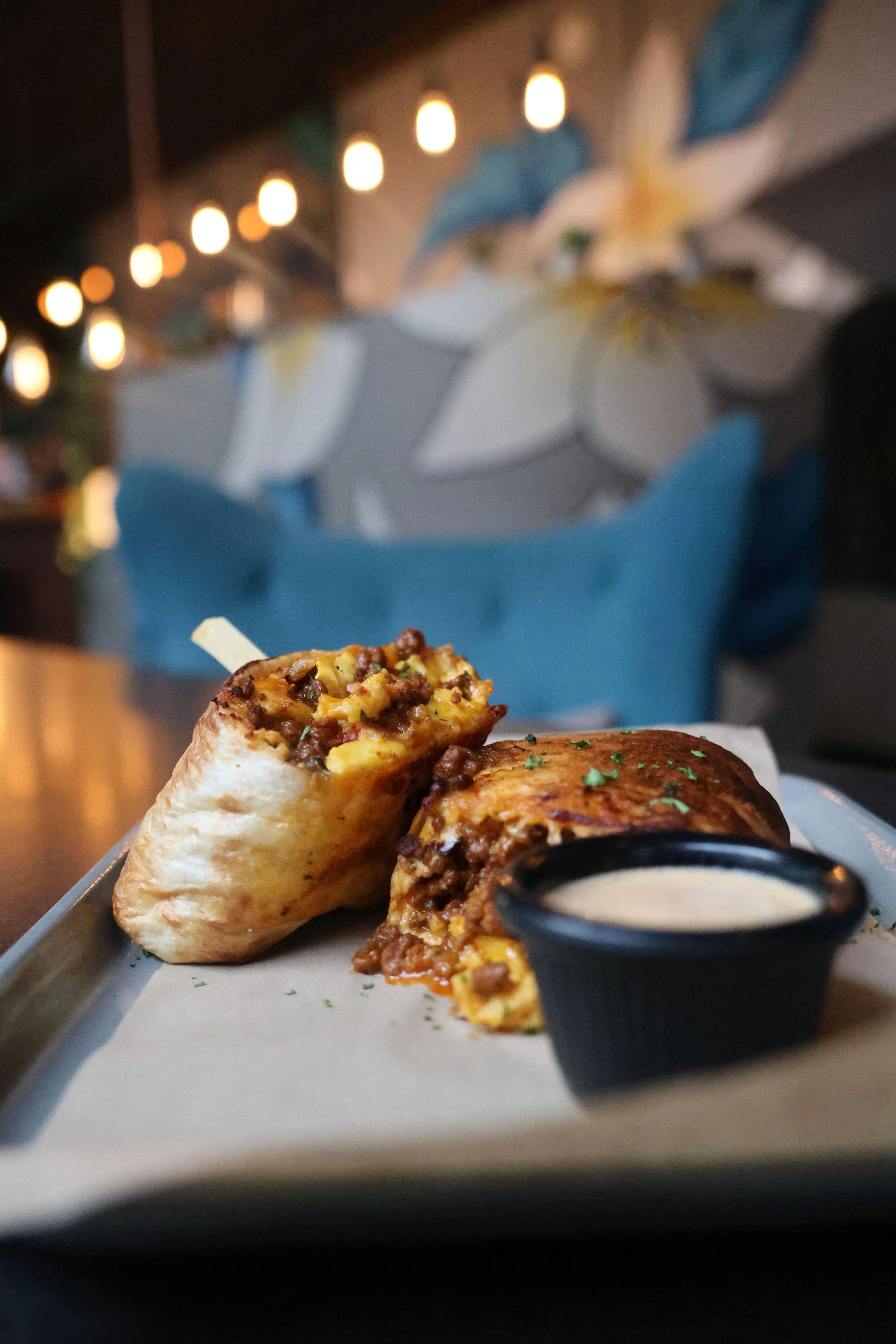 Breakfast wrap with dipping sauce at Locus of Bellingham downtown café