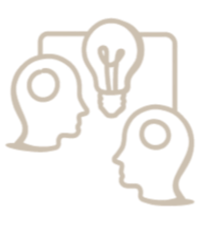 Two human profiles facing each other with a lightbulb above them, representing ideas or communication.