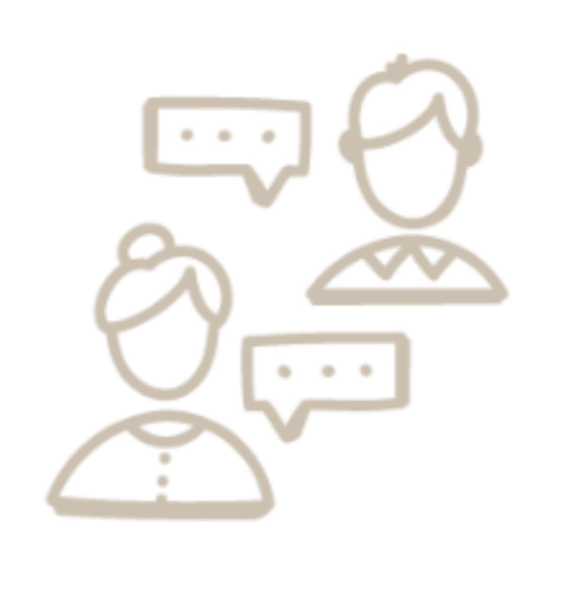 Simple line drawing of two people engaging in conversation, indicated by speech bubbles.