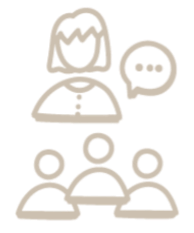 A person icon with a speech bubble next to a group of three people icons.