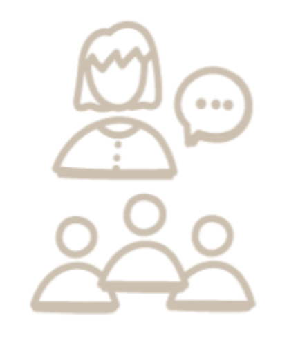 Line drawing of a woman with a speech bubble, and three people sitting below her.