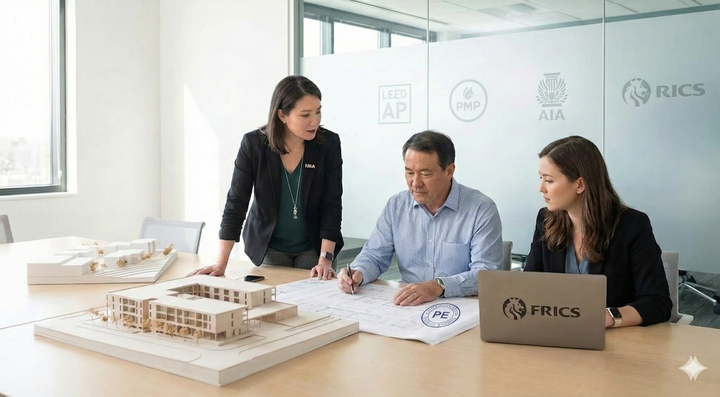 Three professionals reviewing architectural plans and model on a conference table in a modern office.