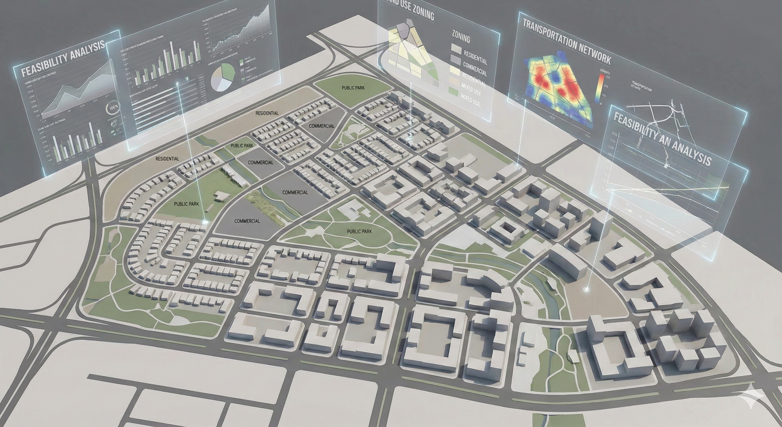 A detailed urban planning model with labeled zones such as residential, commercial, public park, and transportation network, overlaid with digital data visualizations including graphs, charts, and maps for feasibility analysis and zoning information.