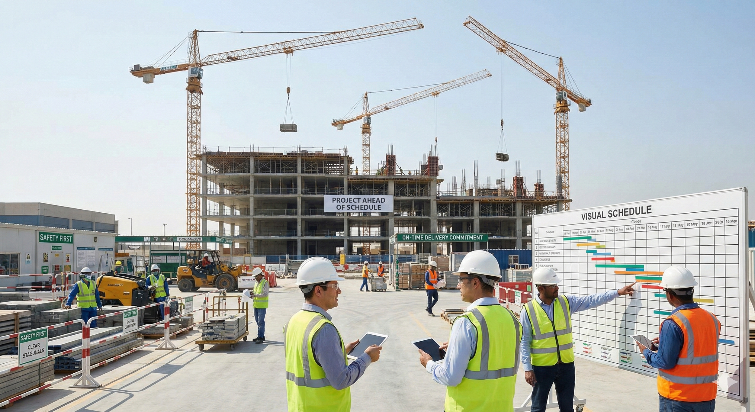 Construction site with multiple workers, cranes, and a building under construction. Construction workers are discussing plans near a large schedule board.