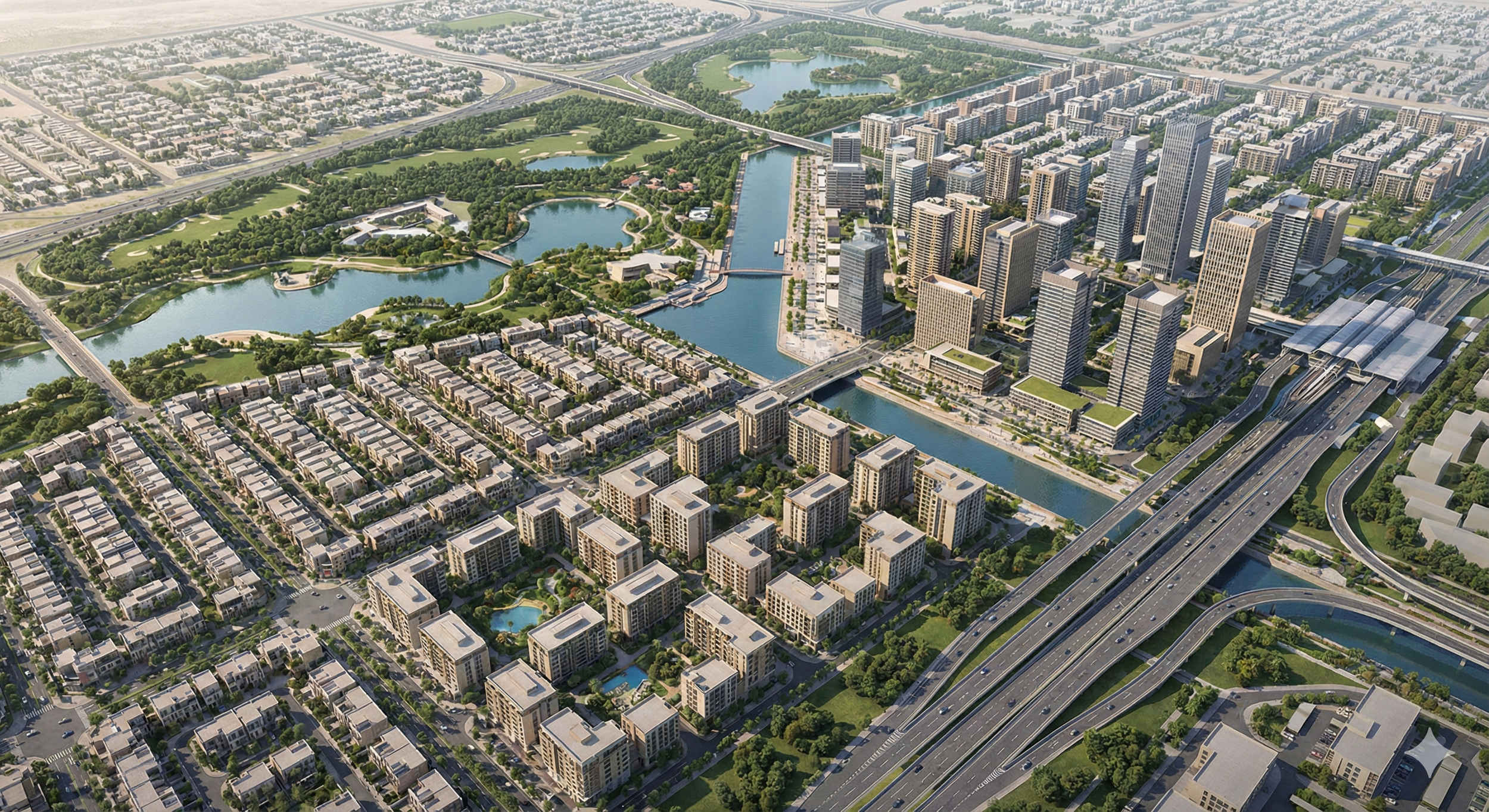 Aerial view of a modern cityscape with high-rise buildings, bridges over waterways, residential neighborhoods, parks, and highways.