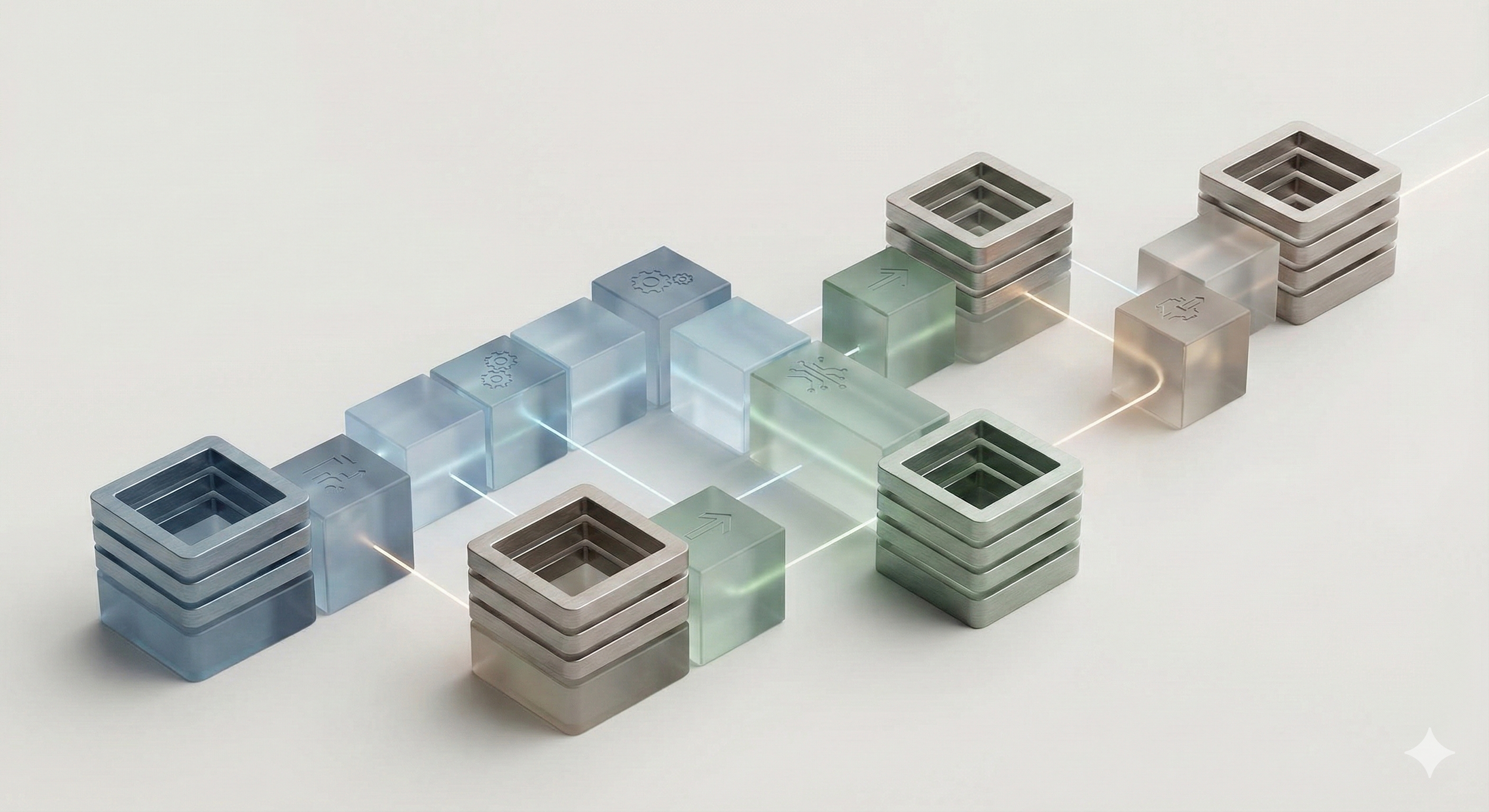 Abstract digital illustration of interconnected translucent cubes and metallic cubes with arrows and gear icons, representing a technological or network concept.