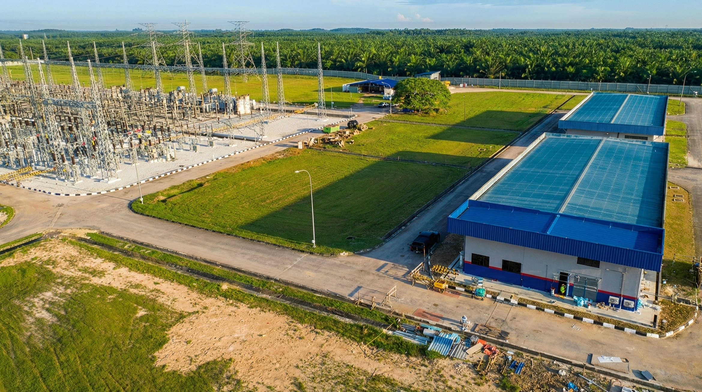 Aerial view of a power substation with electrical equipment, transmission towers, and a facility with a significant number of solar panels on its roof, surrounded by green fields and trees.