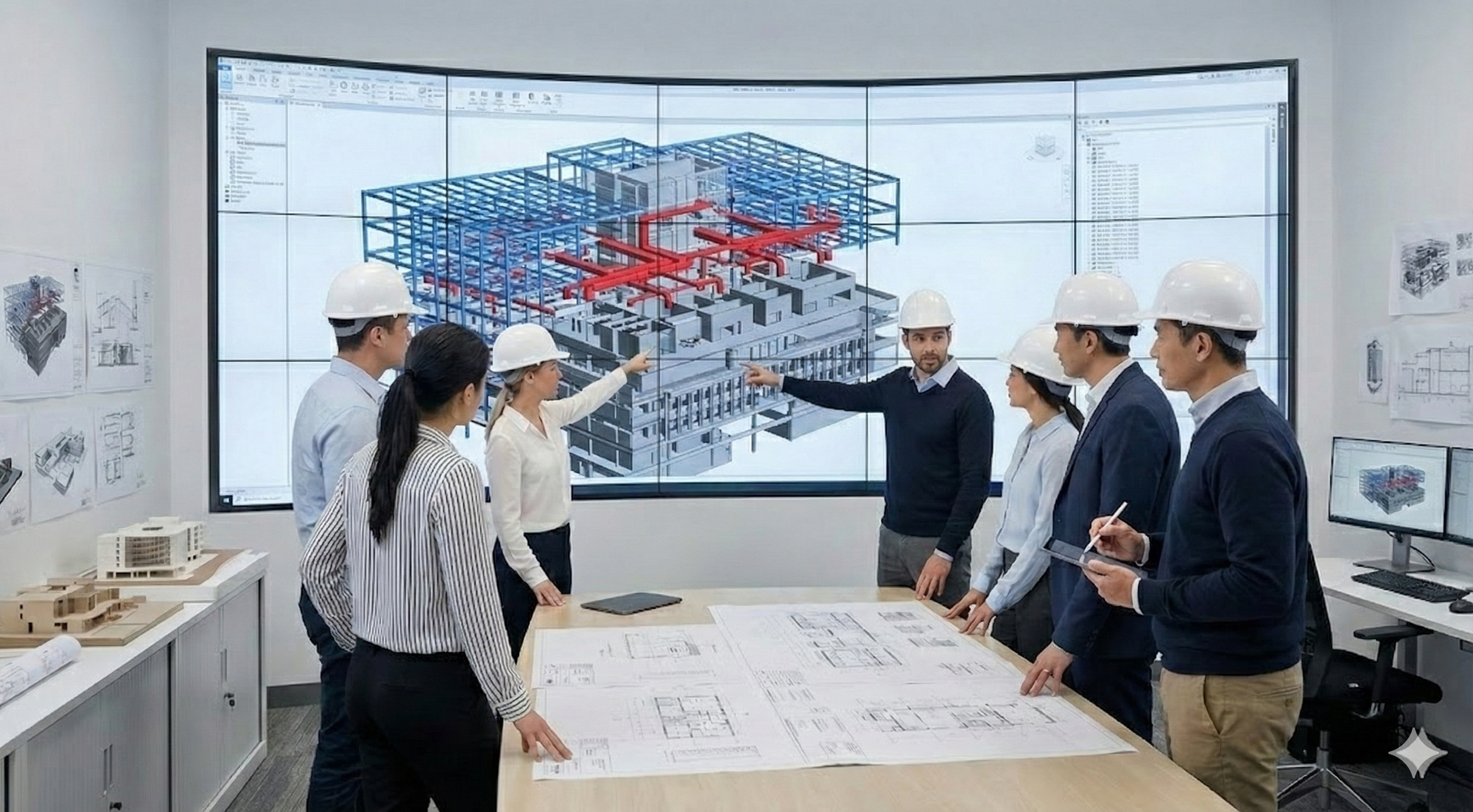 Group of professionals in safety helmets discussing architectural plans and 3D building models on a large digital screen in an office conference room.