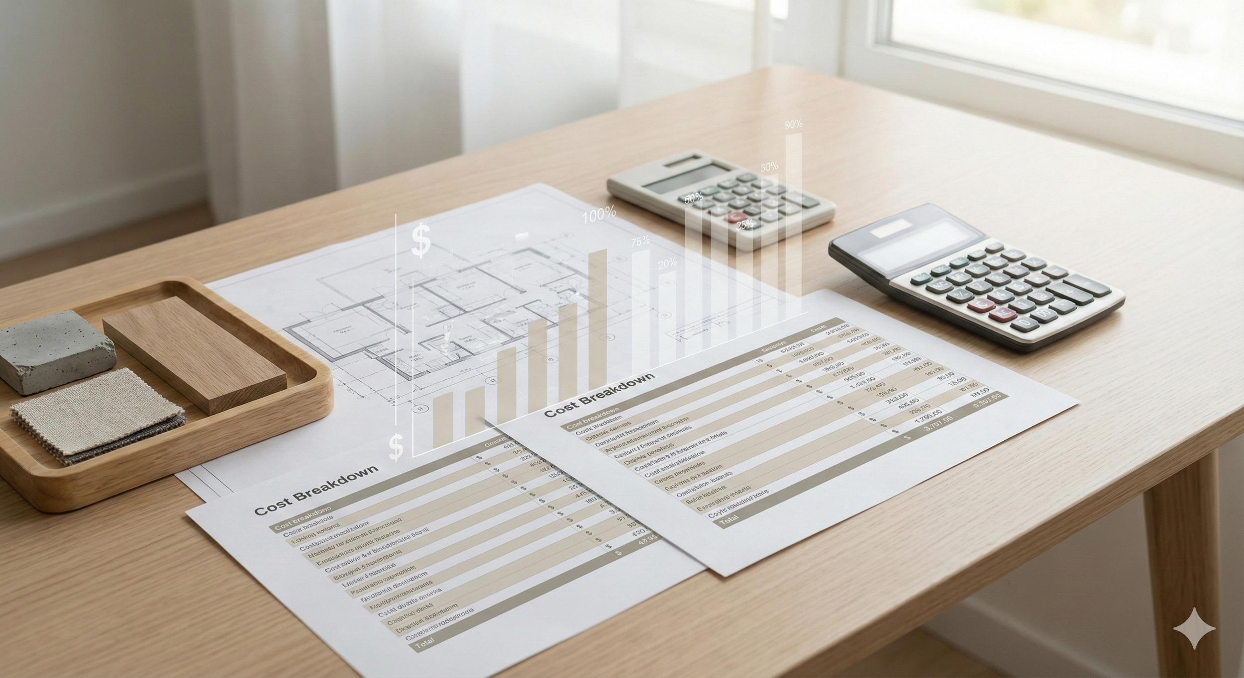 A wooden desk with architectural blueprints, cost breakdown sheets, a calculator, and design materials arranged on it, with a window in the background.