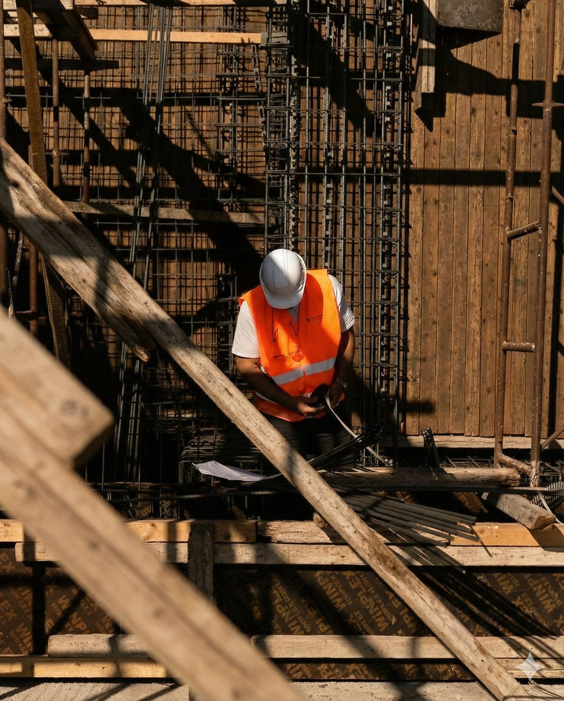 A construction worker wearing a white helmet and orange safety vest working inside a wooden and metal framework structure.