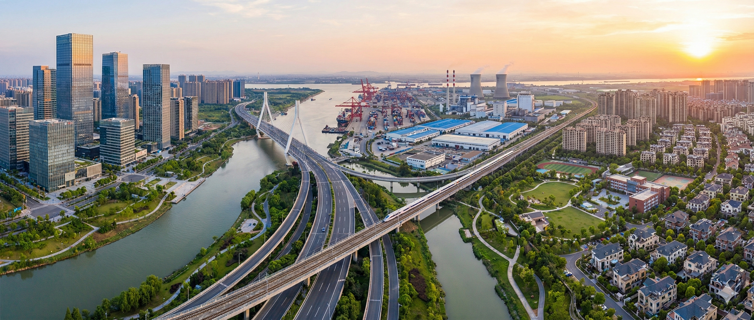 Aerial view of a modern cityscape at sunset, featuring tall skyscrapers, a river with bridges, a busy industrial port with cranes and shipping containers, power plants, and a residential area with houses and green parks.