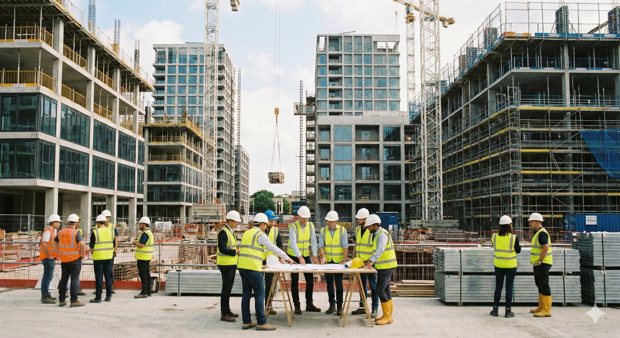 Construction workers in safety vests and helmets reviewing plans on a construction site with partially built high-rise buildings and cranes.