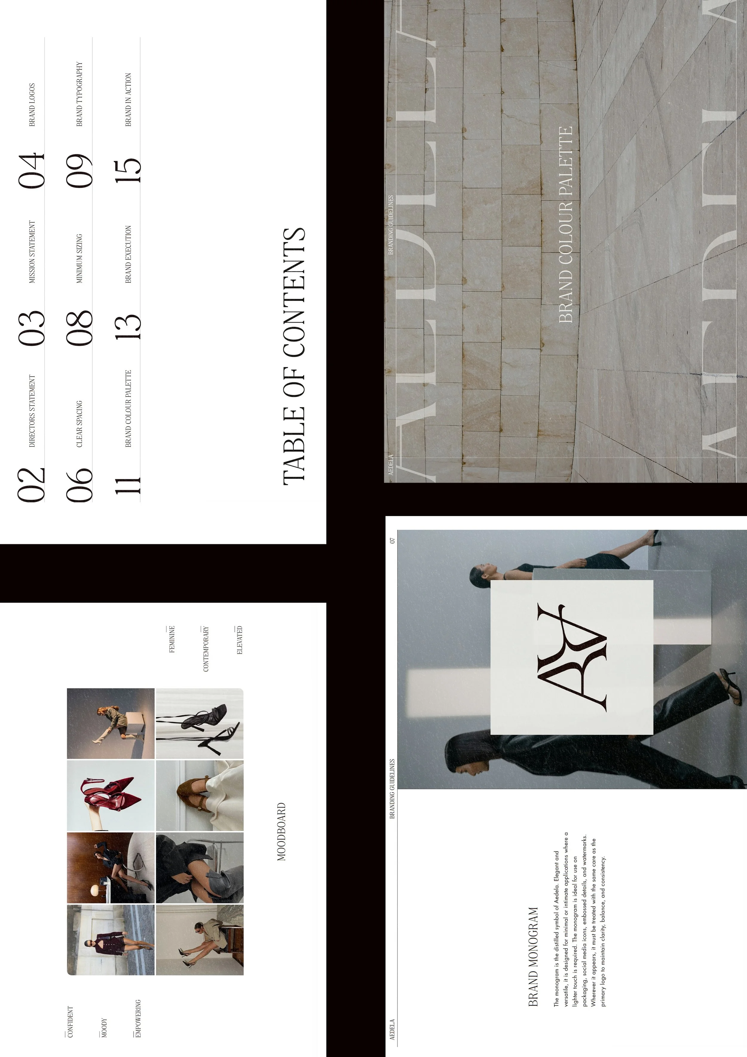 Design layout for a branding project, including a mission statement, brand typography, minimum signing, branding execution, and a palette, along with fashion images and a monogram logo.