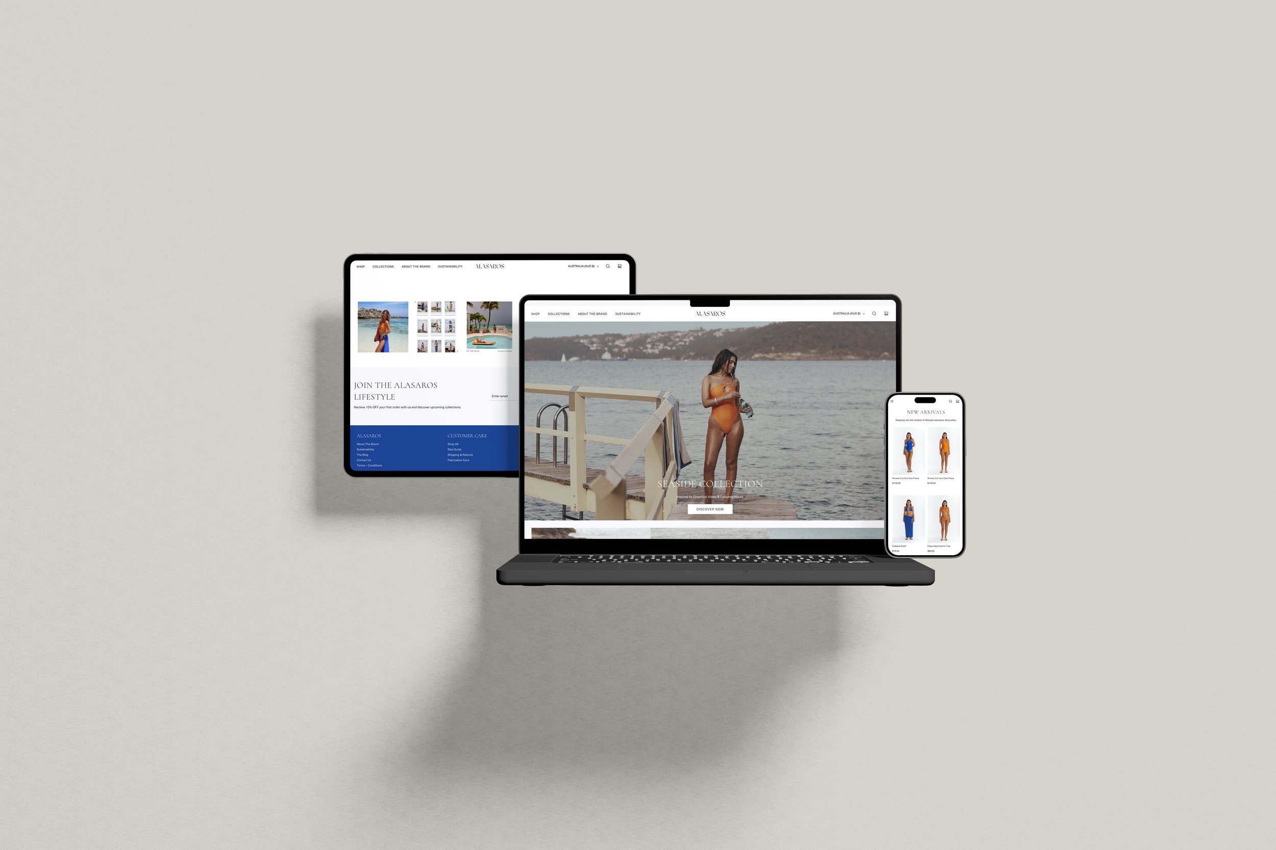 Multiple electronic devices displaying a travel website featuring swimwear, with a woman standing on a dock by the water in a swimsuit.