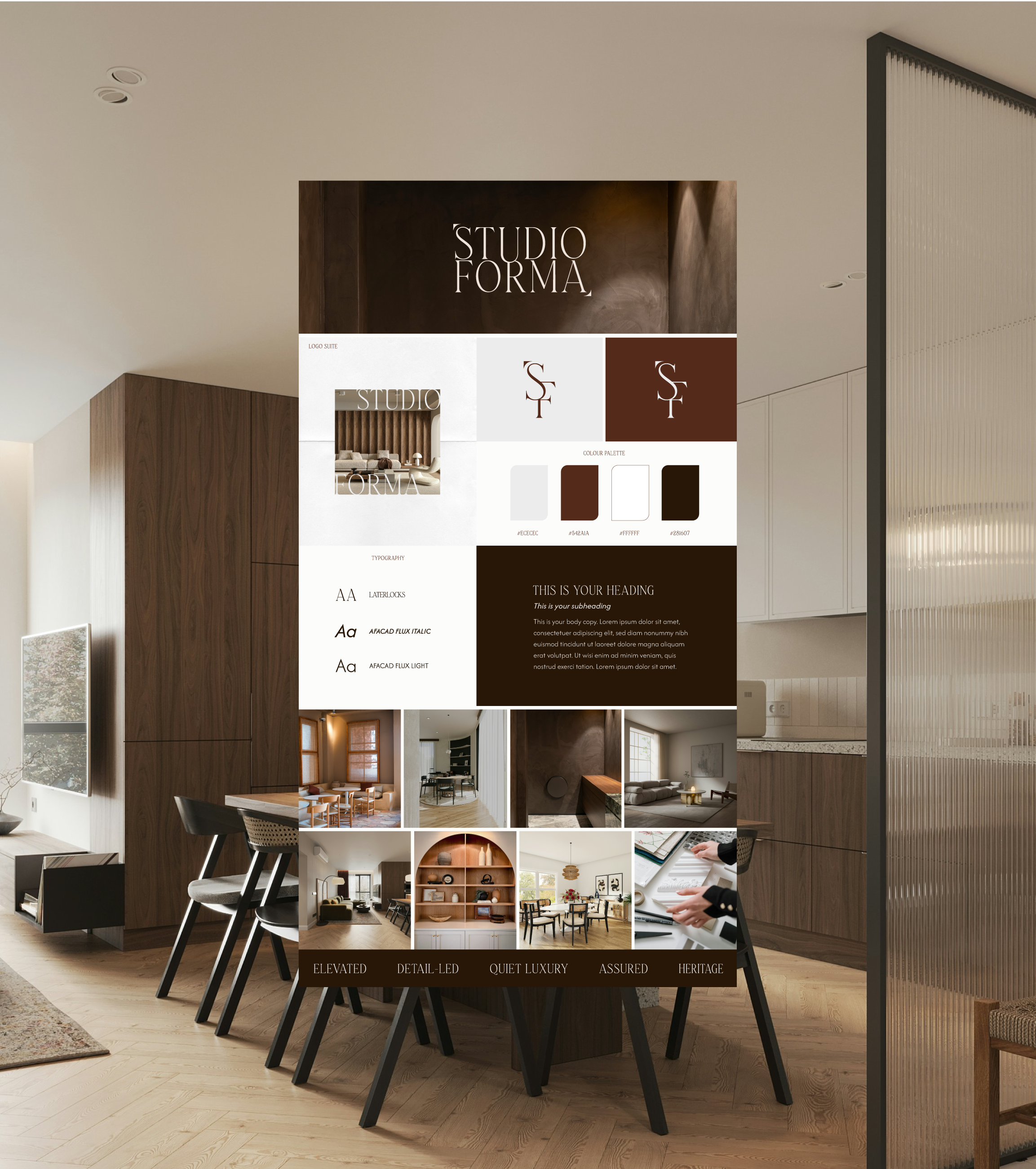 Custom brand board design for an interior design studio project named Studio Forma, showcasing their brand colour palette, typography and creative direction moodboard.