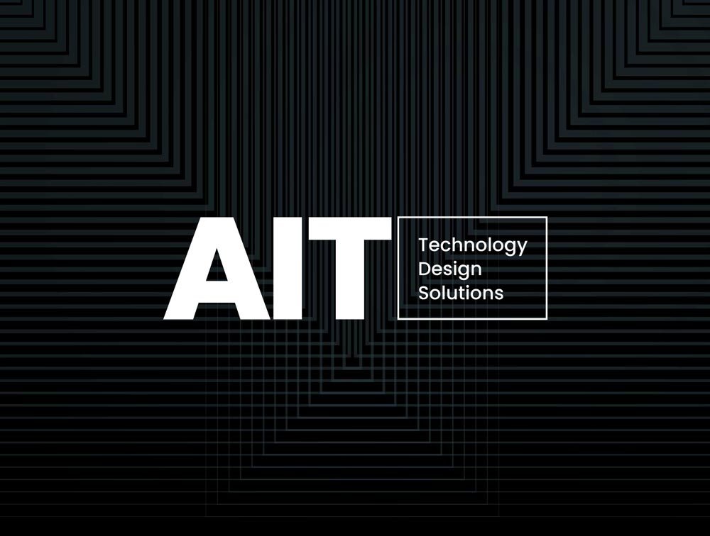 Black background with geometric lines graphic and the large white text 'AIT' next to small text reading 'Technology Design Solutions' inside a white rectangular outline.