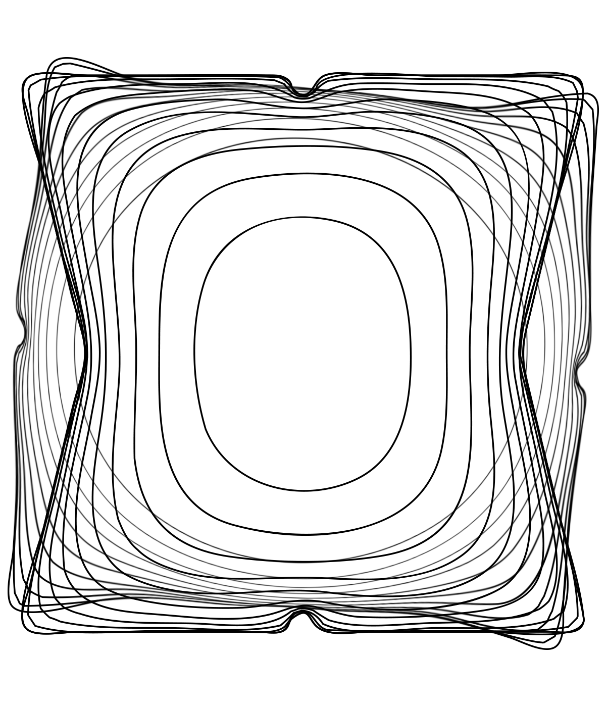 A black and white abstract line drawing with multiple overlapping square and oval shapes.
