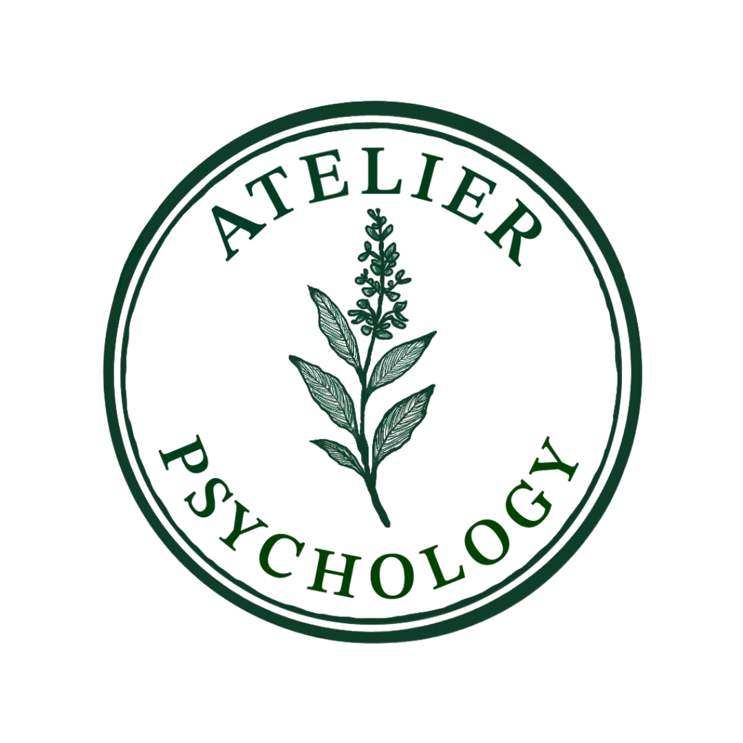 Deep green circular logo with a plant in the center and the words 'ATELIER PSYCHOLOGY' around the edge.