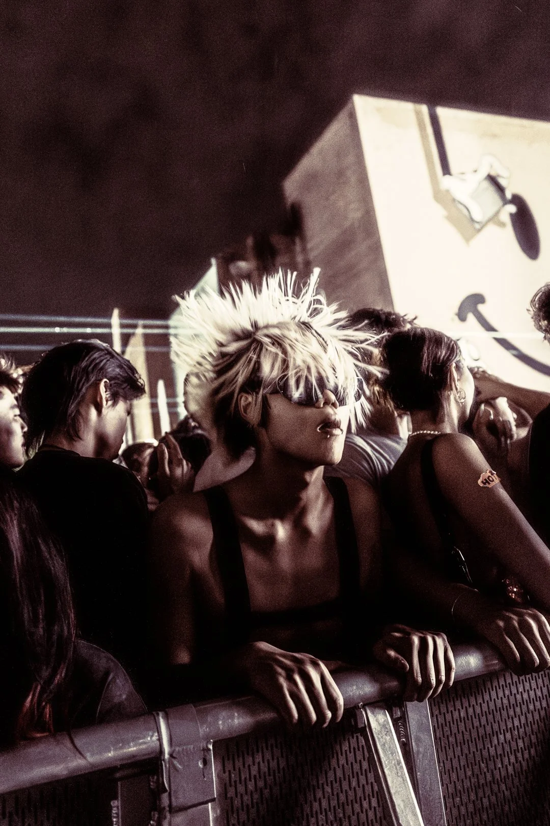 A crowd of people at a concert, with one woman in the foreground wearing a feathered headpiece and sunglasses, standing behind a metal barricade.